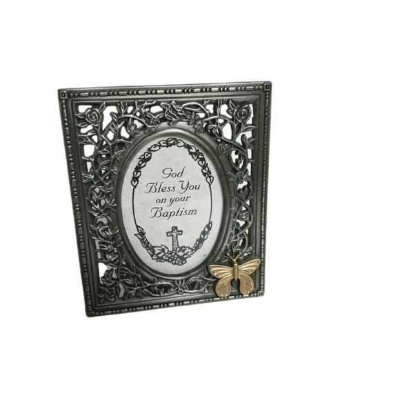 Baptism Pewter Frame Butterfly 3.5" Unisex Keepsake VTG 🦋 - Picture 2 of 10